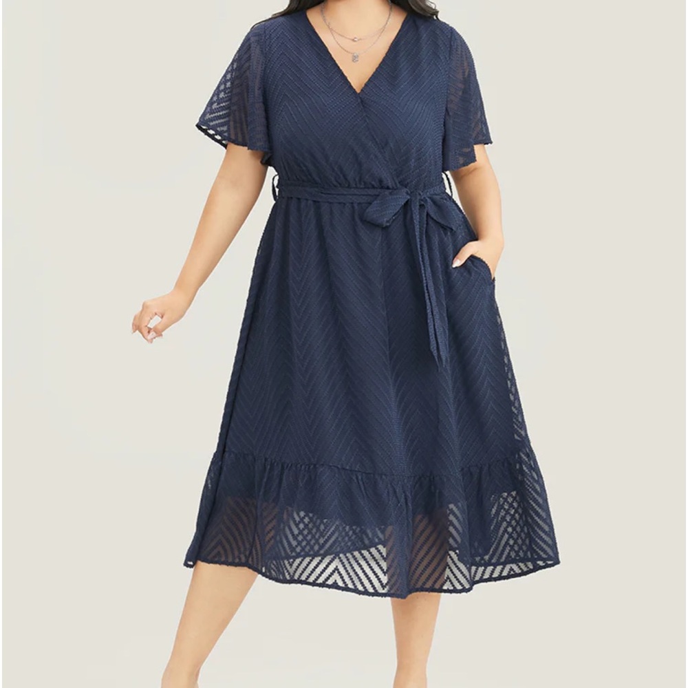 BloomChic Navy Geometric Mesh Ruffle Sleeve Pocket Wrap Dress Plus Size 1X